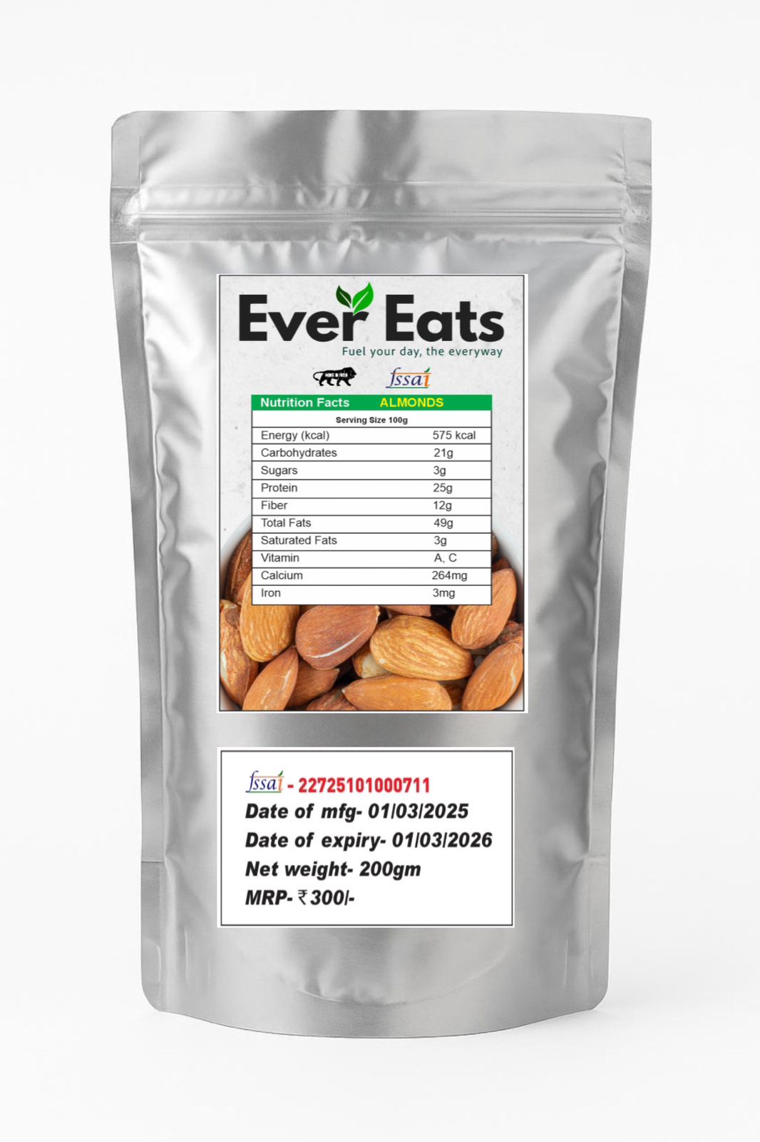 EverEats Premium Almonds (Badam) – 100% Natural (200g)