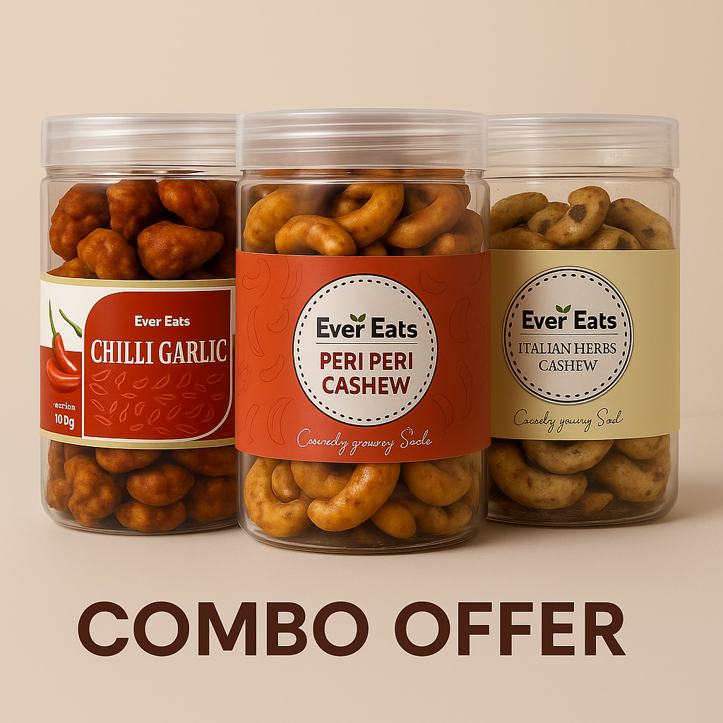 EverEats Spicy & Savory Cashew Trio – Chilli Garlic | Peri Peri | Italian Herbs – 3 x 100g