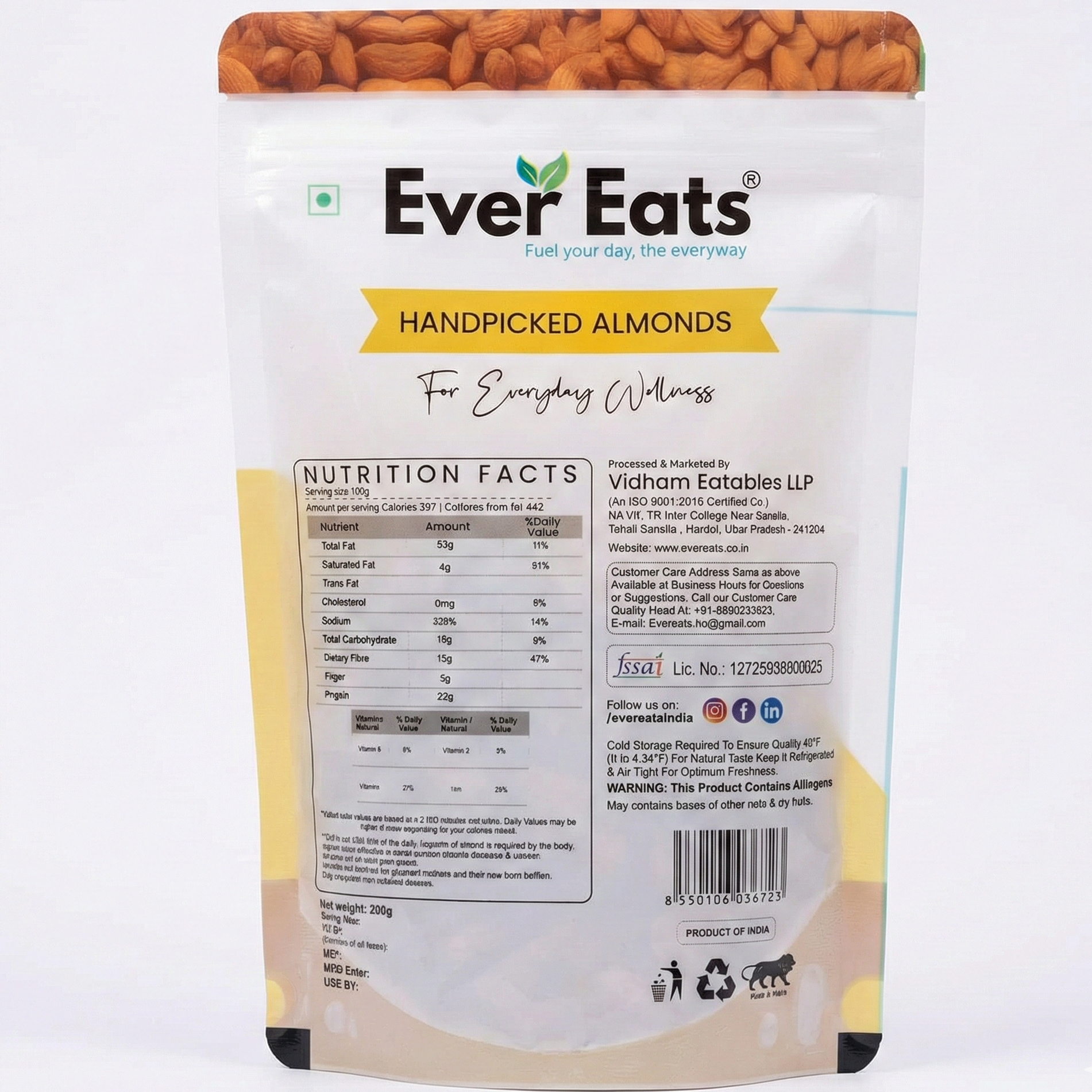 Ever Eats handpicked almonds packaging with nutrition facts on a white background