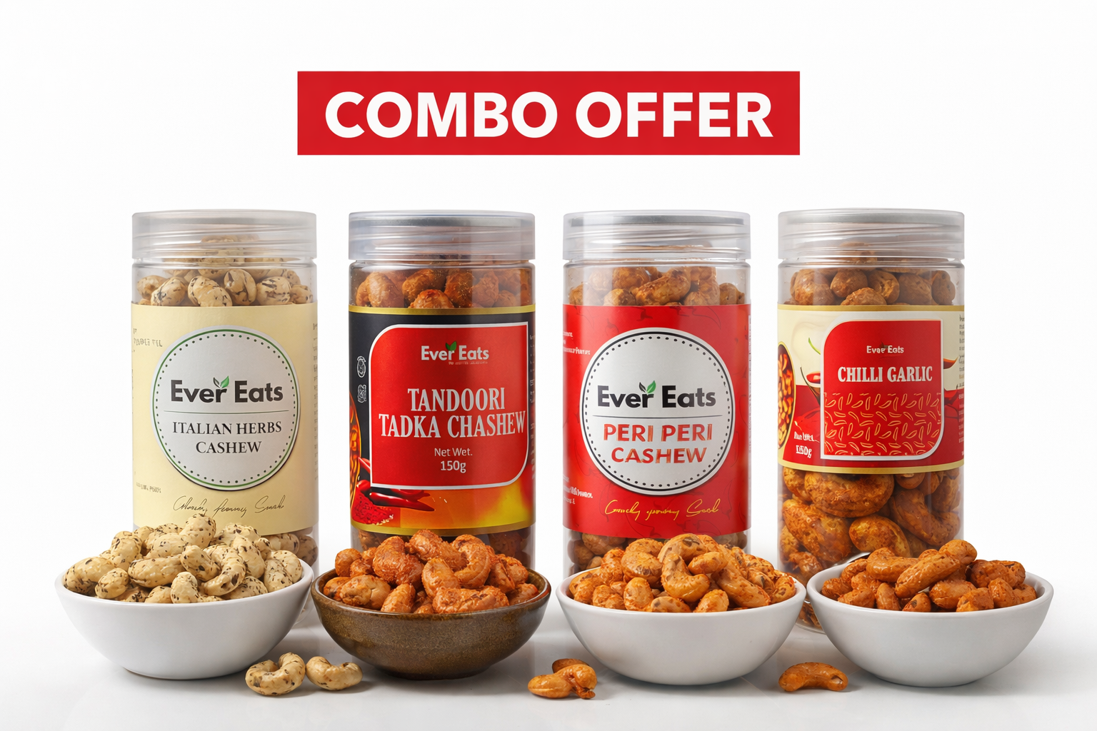 Four jars of Ever Eats nuts with labels and bowls of nuts on a white background, featuring a 'COMBO OFFER' banner.