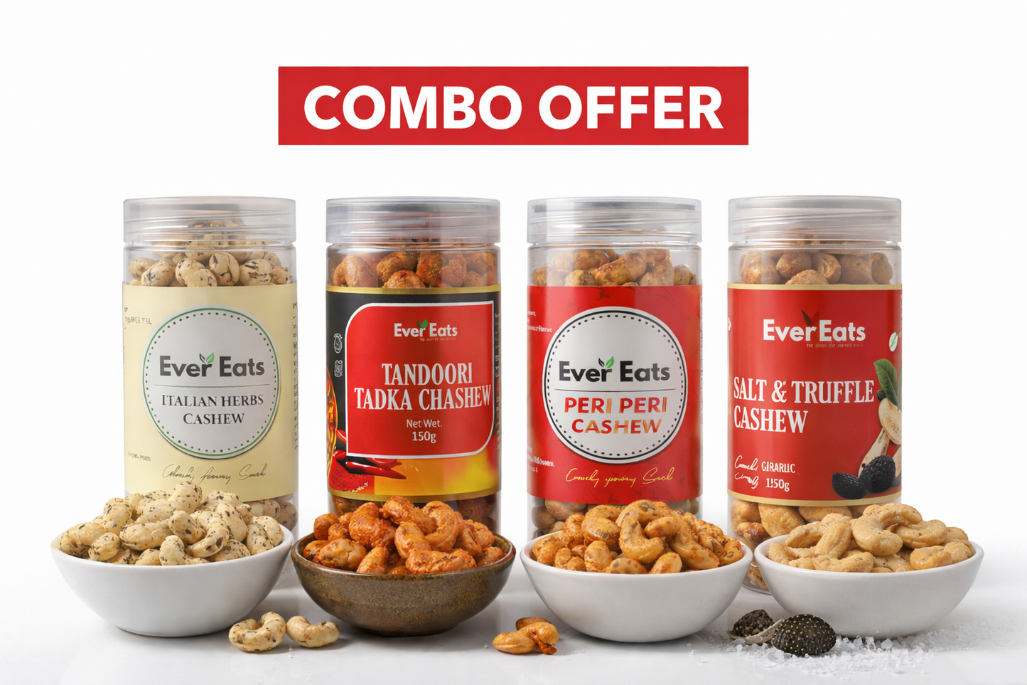 "EverEats Premium Flavoured Cashew Combo – Salt and truffle, Italian Herbs, Peri Peri & Tandoori Tadka (4 x 150g)
