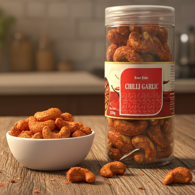 Jar of chili garlic on a wooden table with a bowl of snacks in a kitchen setting