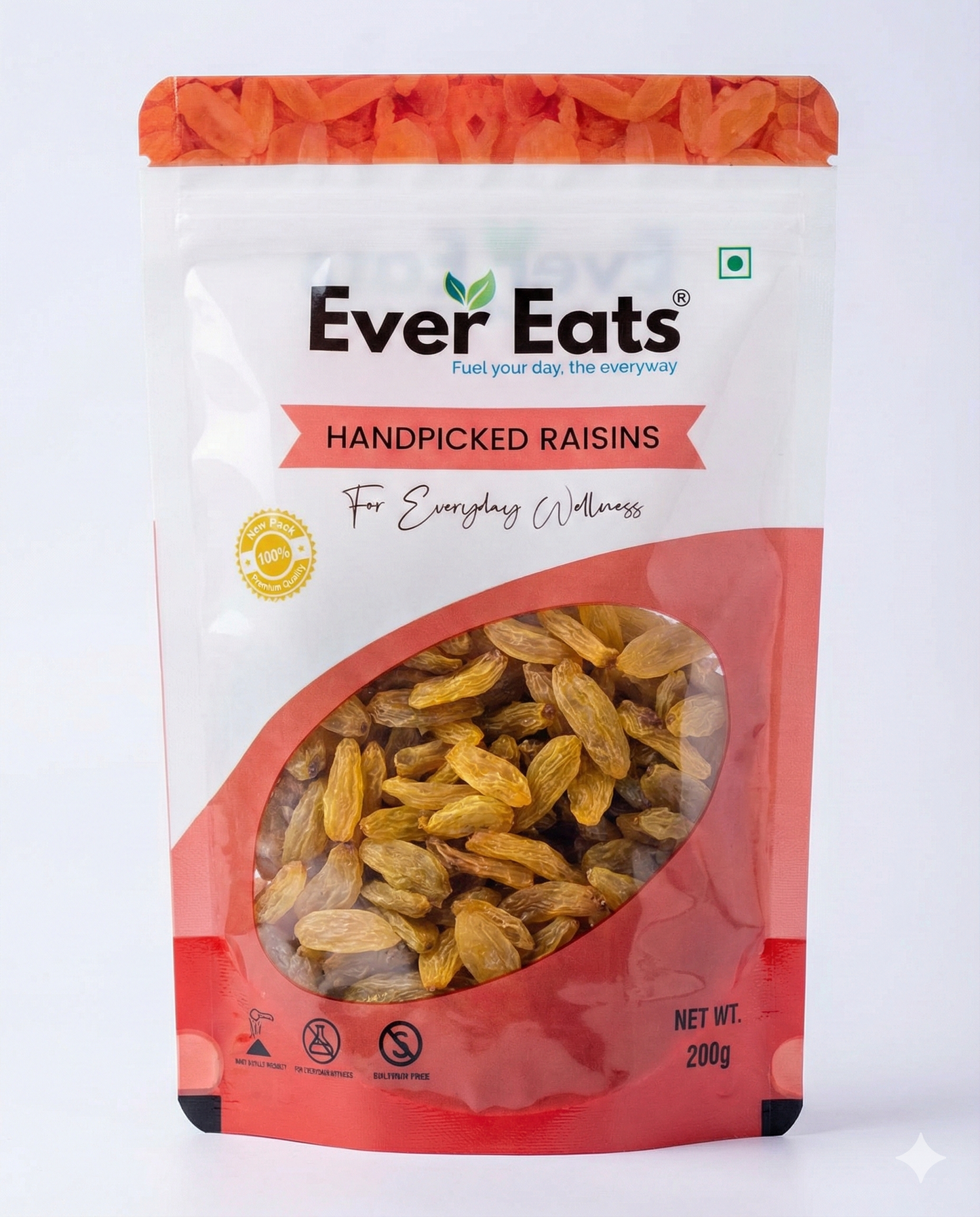 Bag of Ever Eats handpicked raisins on a white background