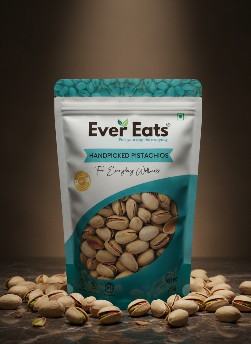 Pouch of Ever Eats handpicked pistachios on a wooden surface with scattered pistachios.