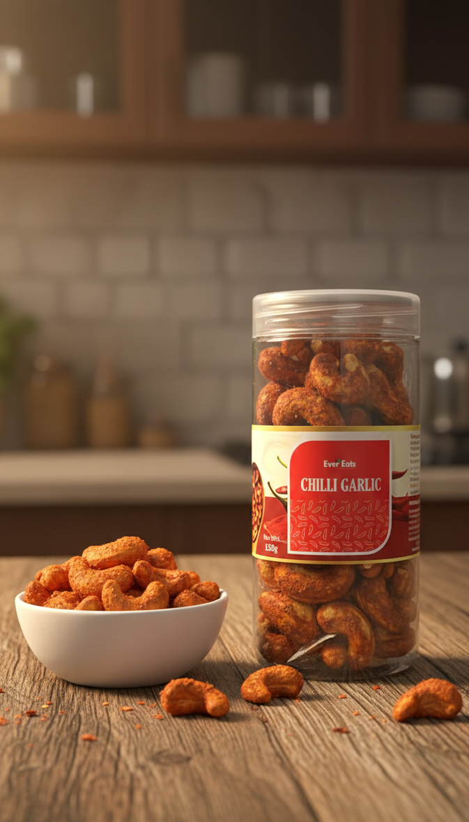 Jar of chili garlic on a wooden table with a bowl of snacks in a kitchen setting