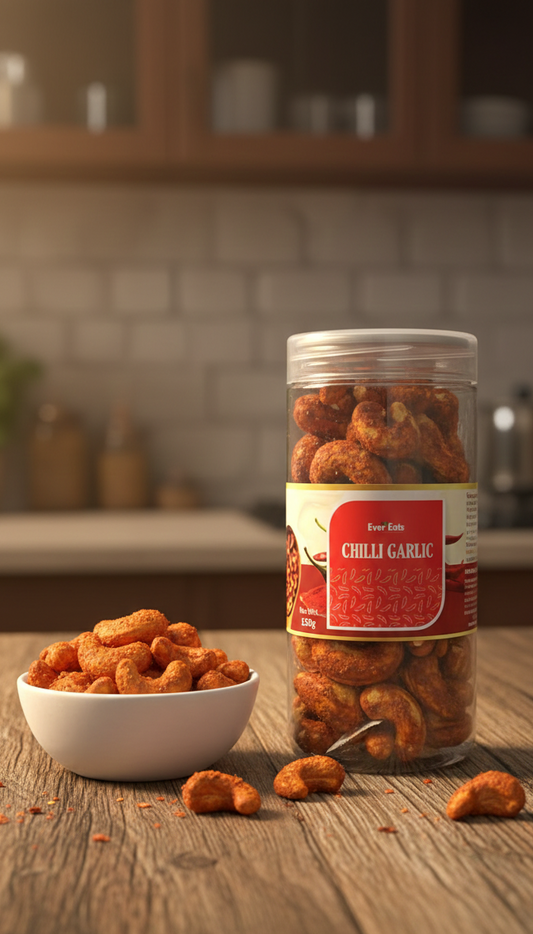 Jar of chili garlic on a wooden table with a bowl of snacks in a kitchen setting