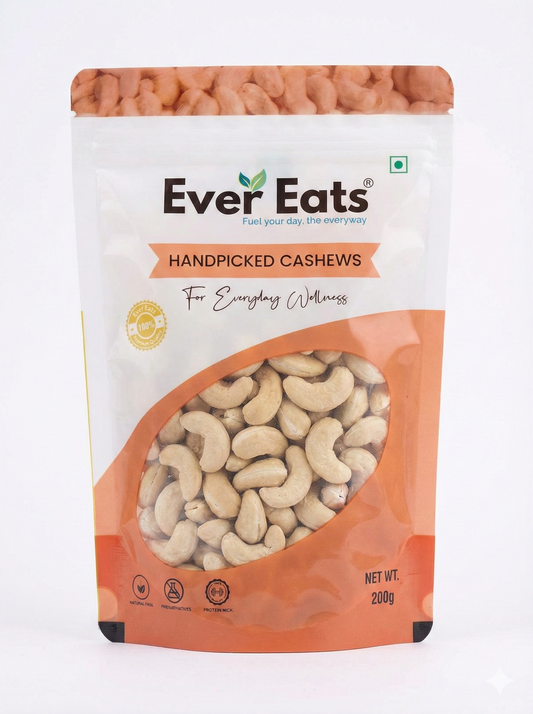 Packaging of Ever Eats handpicked cashews on a white background