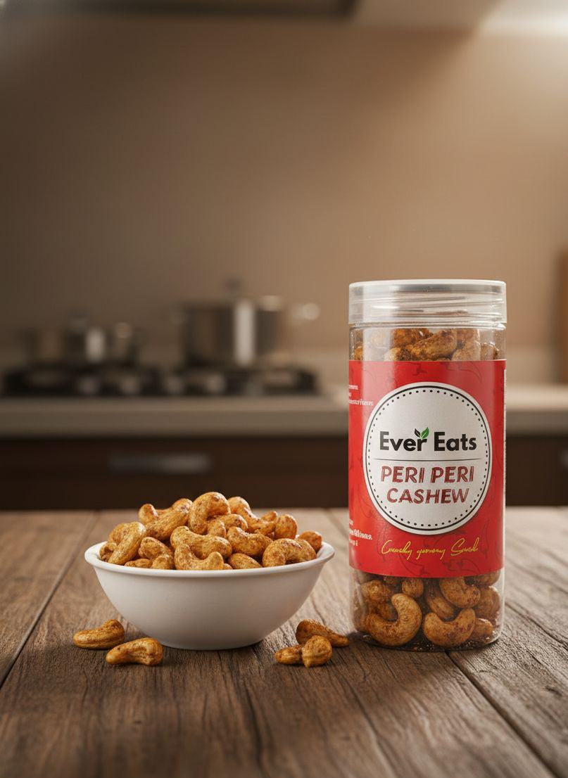 Jar of Ever Eats Peri Peri Cashew on a wooden table with cashews in a bowl.
