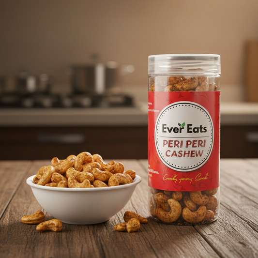 Jar of Ever Eats Peri Peri Cashew on a wooden table with cashews around