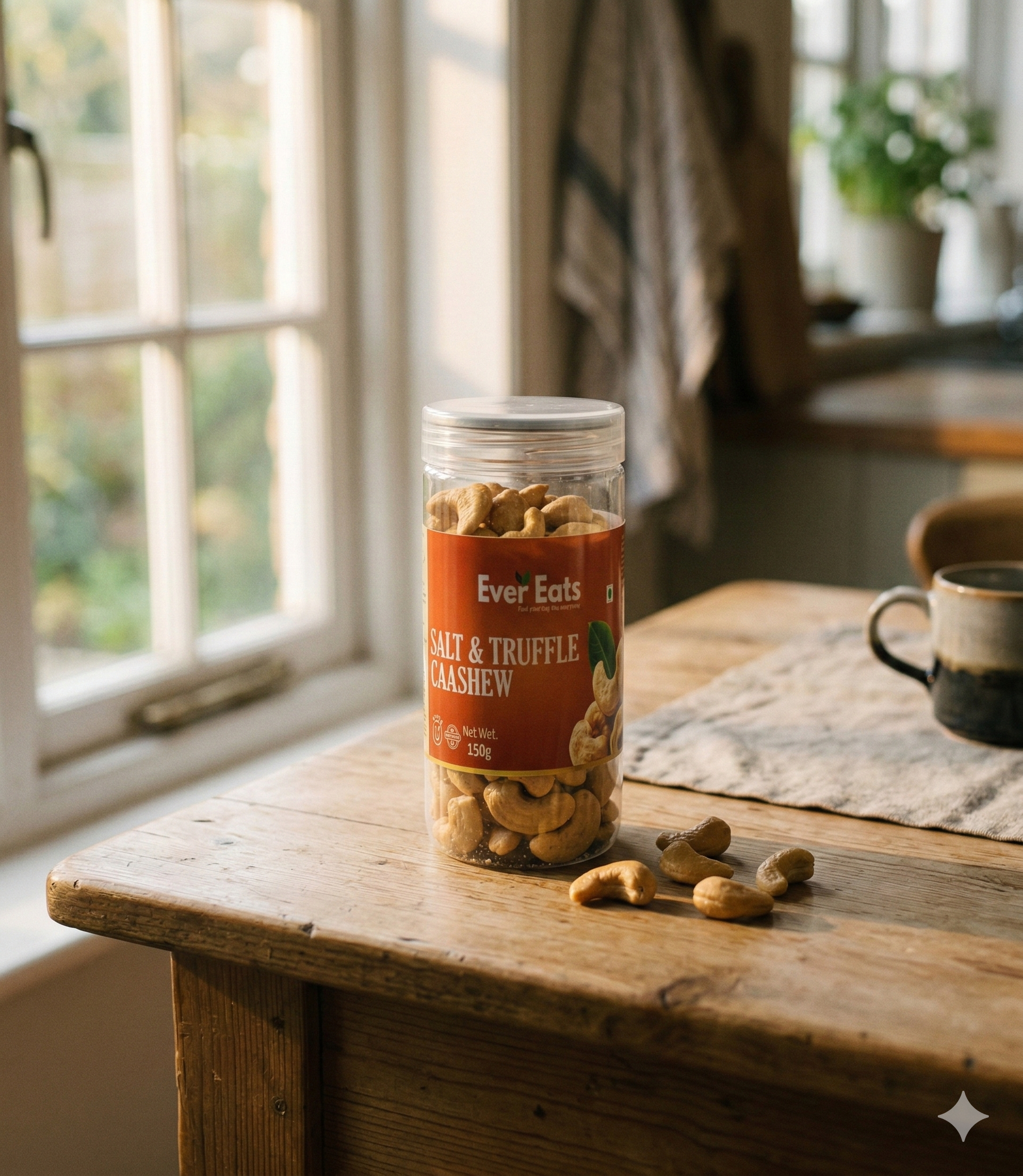 Jar of salt and truffle cashews on a wooden table with a window in the background