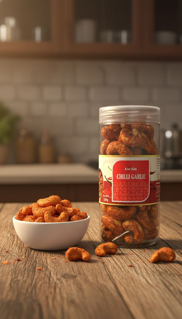 Jar of chili garlic cashew on a wooden surface with a bowl of snacks in a kitchen setting