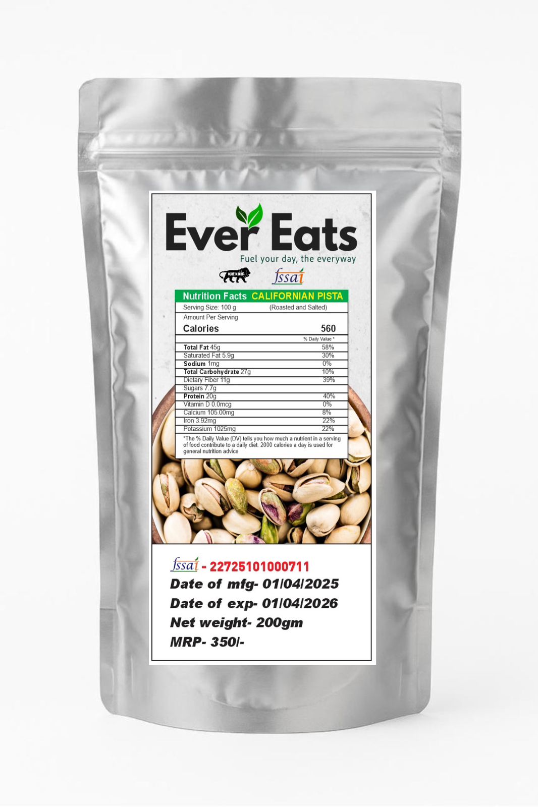 Ever Eats Californian Roasted Pistachios – Premium Crunchy Snack | 100% Natural" - 200g