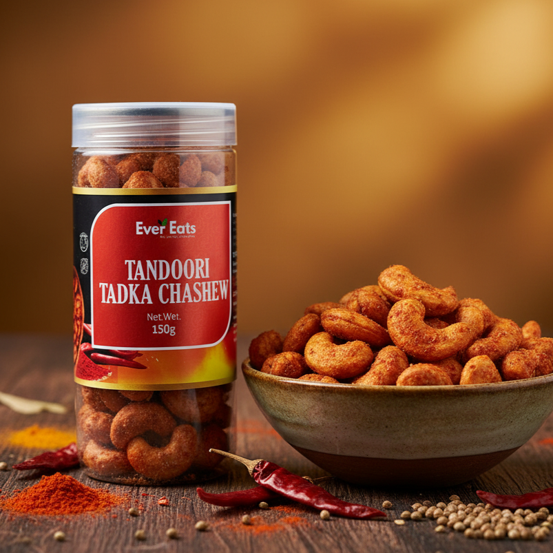 Jar of Tandoori Tadka Chashew with a bowl of cashews on a wooden surface.